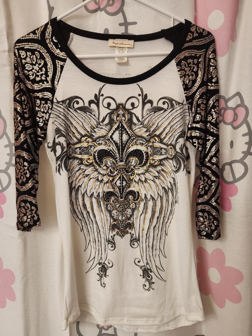 Angels & Diamonds White Raglan Top with Black Sleeves and Gold Accents